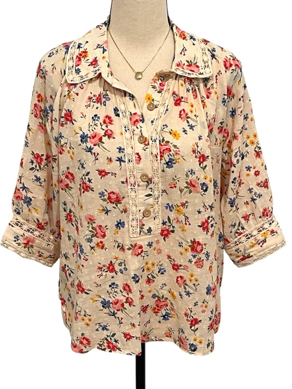 Democracy | Floral Crochet-Trim Cotton Peasant Blouse 3/4 button Sz MP